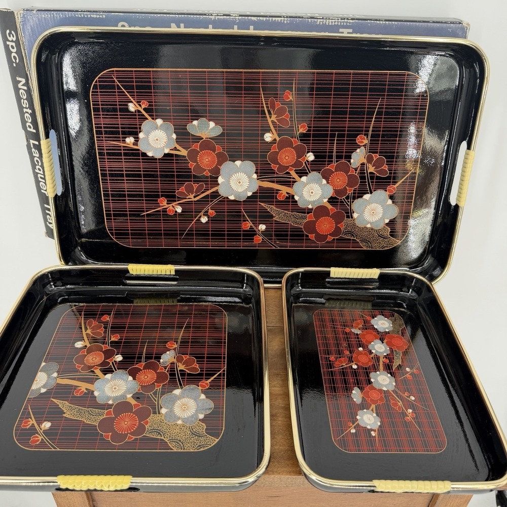 VTG 70s NIB Toyo Japanese Nesting Trays Black Lacquerware Set 3 Gold Red Flowers